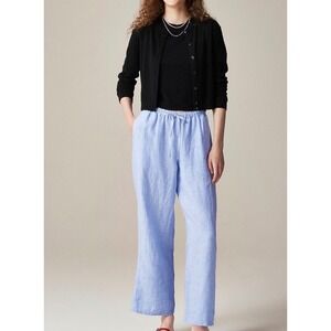 J. Crew Soleil Pants L 100% Linen Pull On Wide Leg French Blue Coastal NEW!